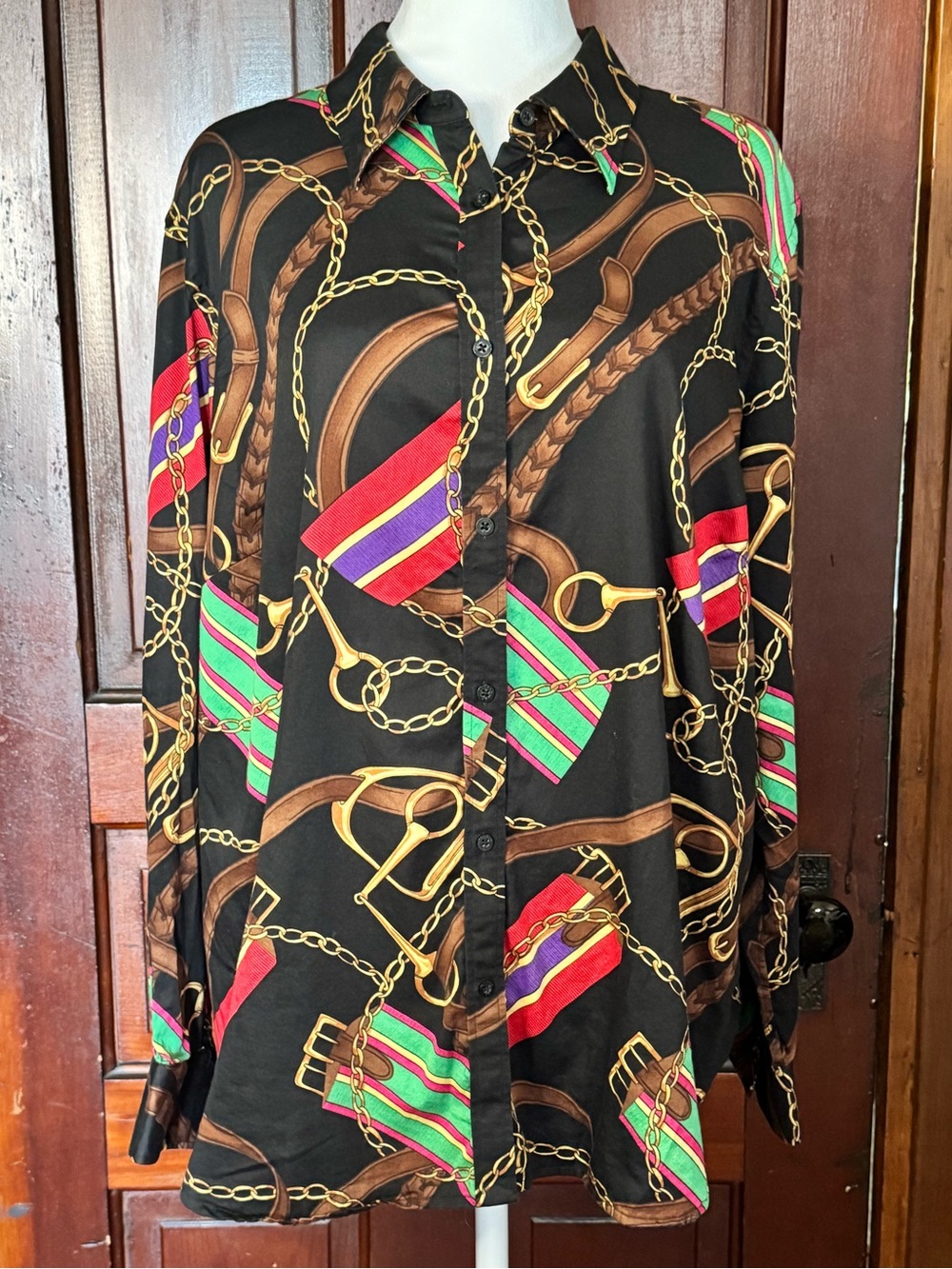Vintage Lauren Ralph Lauren Equestrian Print Button Down Blouse Size 2X